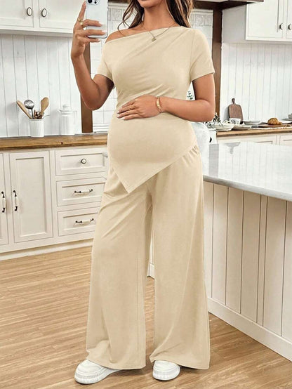 Navy Blue Maternity 2 Piece Set Asymmetric Short Sleeve Tee and Slim Fit Long Pants Elegant Summer Night Out Lounge Outfit