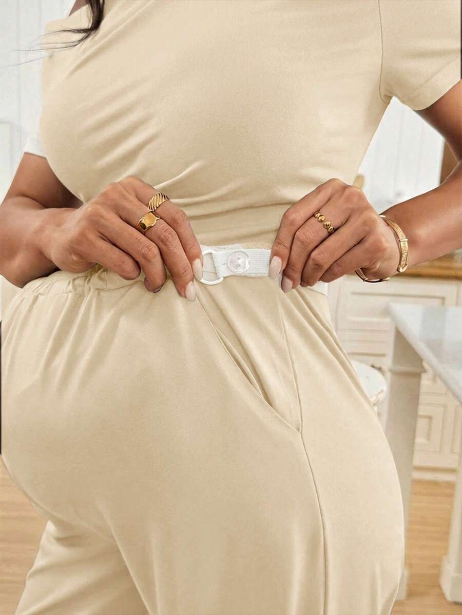 Navy Blue Maternity 2 Piece Set Asymmetric Short Sleeve Tee and Slim Fit Long Pants Elegant Summer Night Out Lounge Outfit