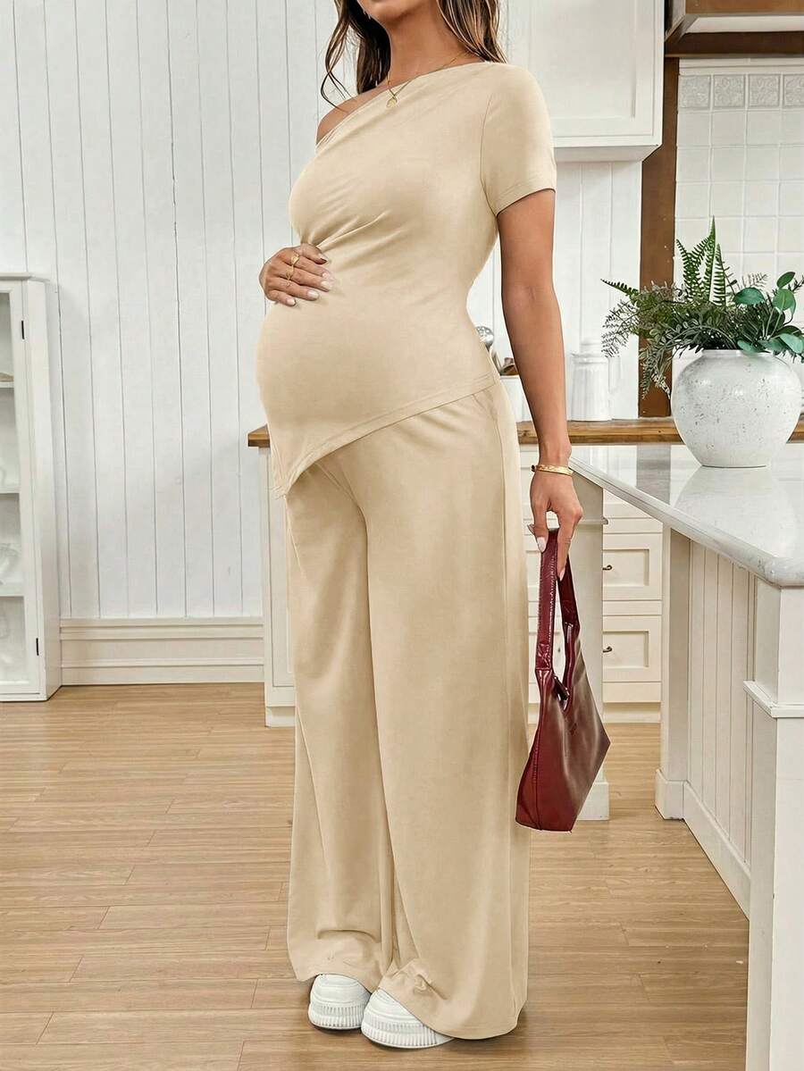 Navy Blue Maternity 2 Piece Set Asymmetric Short Sleeve Tee and Slim Fit Long Pants Elegant Summer Night Out Lounge Outfit