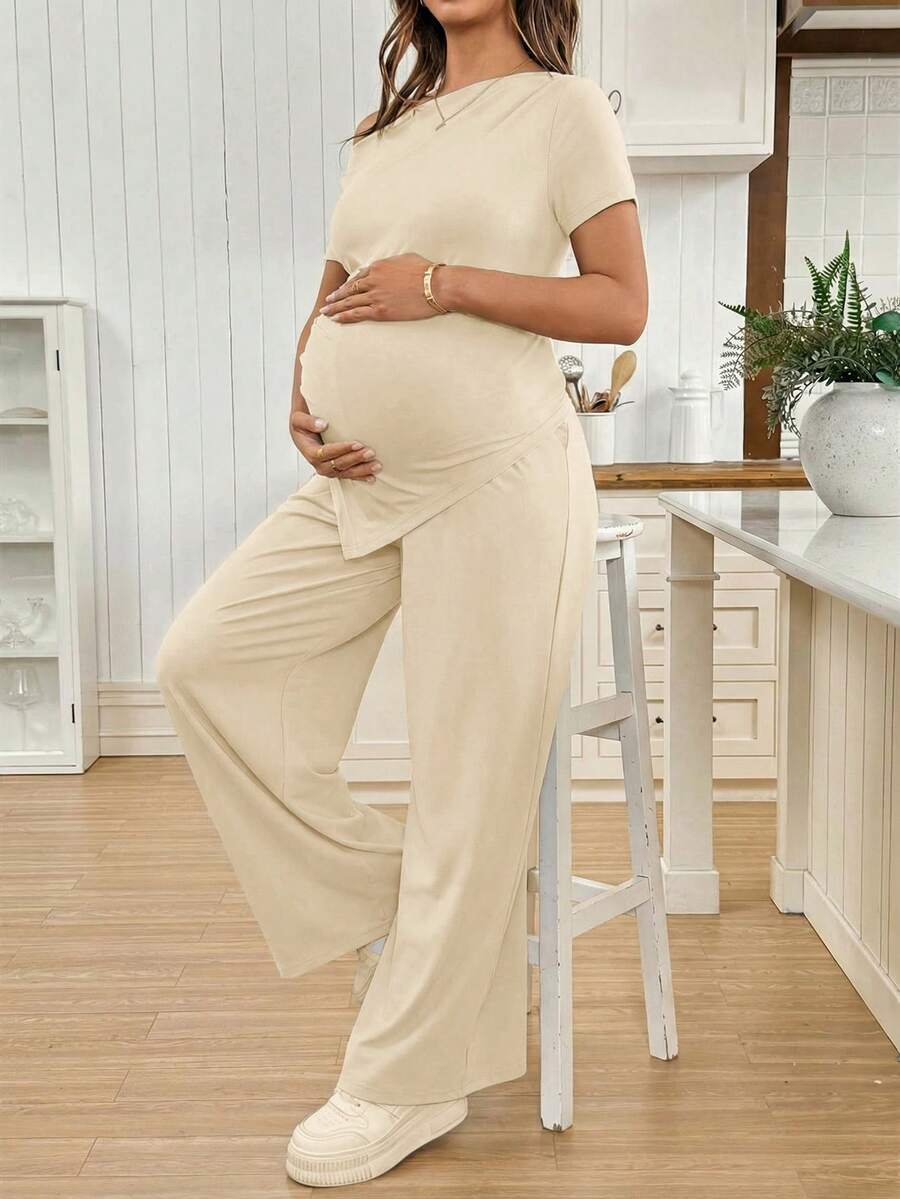 Navy Blue Maternity 2 Piece Set Asymmetric Short Sleeve Tee and Slim Fit Long Pants Elegant Summer Night Out Lounge Outfit