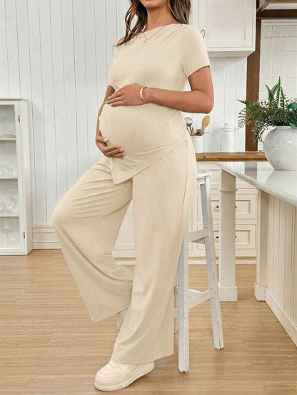 Navy Blue Maternity 2 Piece Set Asymmetric Short Sleeve Tee and Slim Fit Long Pants Elegant Summer Night Out Lounge Outfit