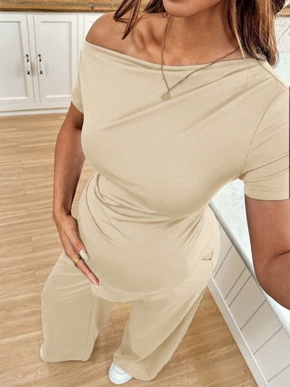 Navy Blue Maternity 2 Piece Set Asymmetric Short Sleeve Tee and Slim Fit Long Pants Elegant Summer Night Out Lounge Outfit