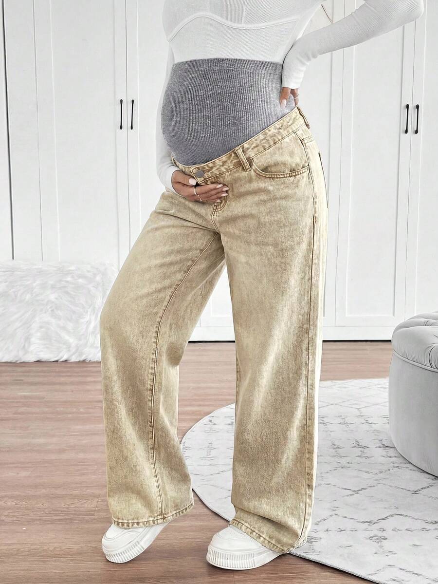 Maternity High Waist Washed Wide Leg Denim Jeans – Blue Patchwork Loose Fit Y2K Streetwear Pants for Daily Commute & Casual Chic