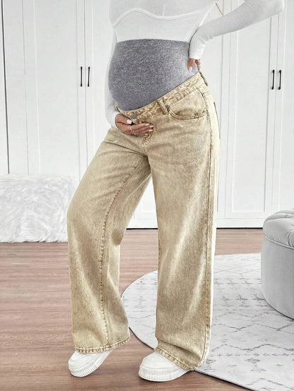 Maternity High Waist Washed Wide Leg Denim Jeans – Blue Patchwork Loose Fit Y2K Streetwear Pants for Daily Commute & Casual Chic