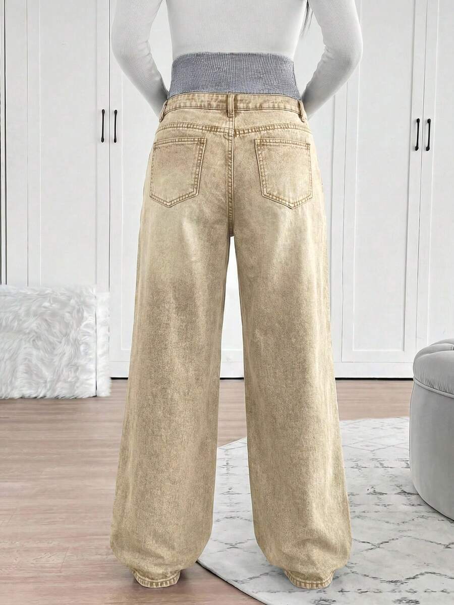Maternity High Waist Washed Wide Leg Denim Jeans – Blue Patchwork Loose Fit Y2K Streetwear Pants for Daily Commute & Casual Chic