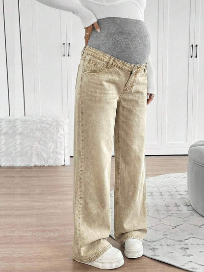 Maternity High Waist Washed Wide Leg Denim Jeans – Blue Patchwork Loose Fit Y2K Streetwear Pants for Daily Commute & Casual Chic