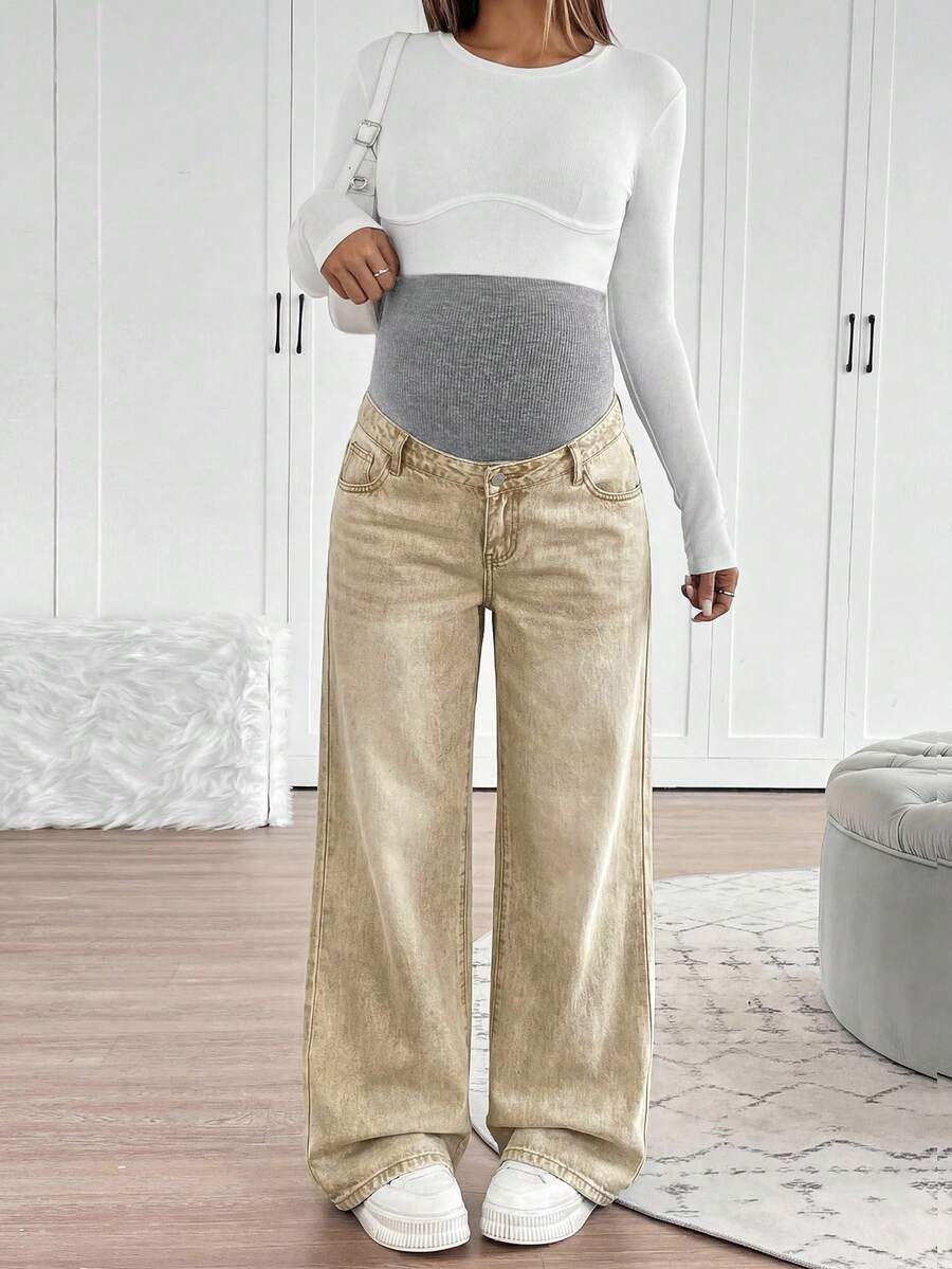 Maternity High Waist Washed Wide Leg Denim Jeans – Blue Patchwork Loose Fit Y2K Streetwear Pants for Daily Commute & Casual Chic