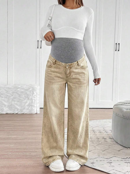 Maternity High Waist Washed Wide Leg Denim Jeans – Blue Patchwork Loose Fit Y2K Streetwear Pants for Daily Commute & Casual Chic