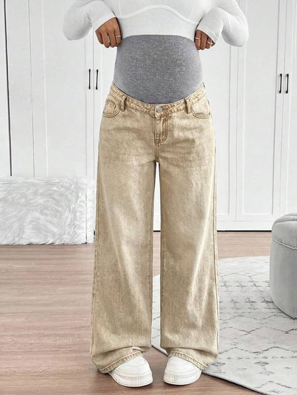 Maternity High Waist Washed Wide Leg Denim Jeans – Blue Patchwork Loose Fit Y2K Streetwear Pants for Daily Commute & Casual Chic