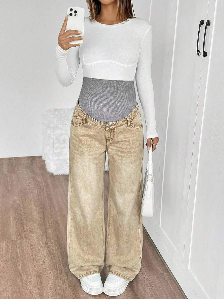 Maternity High Waist Washed Wide Leg Denim Jeans – Blue Patchwork Loose Fit Y2K Streetwear Pants for Daily Commute & Casual Chic