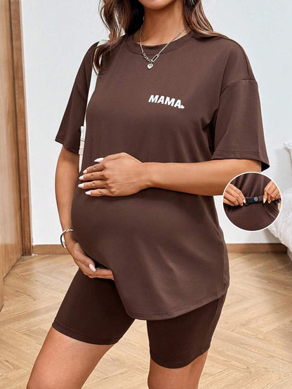 Maternity Summer Two Piece Lounge Set Brown Mama Print Loose Tee and Adjustable Elastic Cycling Shorts Casual Holiday Outfit