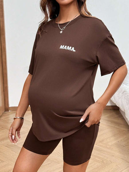Maternity Summer Two Piece Lounge Set Brown Mama Print Loose Tee and Adjustable Elastic Cycling Shorts Casual Holiday Outfit