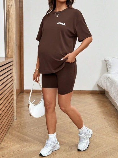 Maternity Summer Two Piece Lounge Set Brown Mama Print Loose Tee and Adjustable Elastic Cycling Shorts Casual Holiday Outfit