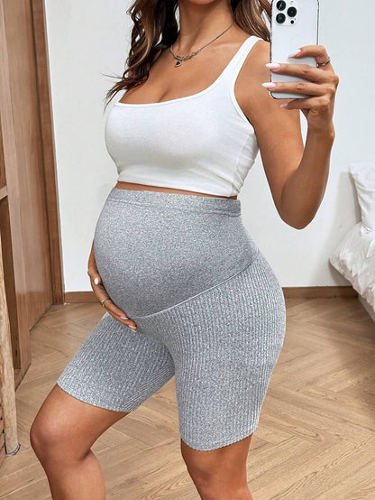 2-Pack Ribbed Maternity Biker Shorts in Coffee Brown – Ultra High Waist Slim Fit Athletic Yoga Shorts Set for Pregnancy & Postpartum