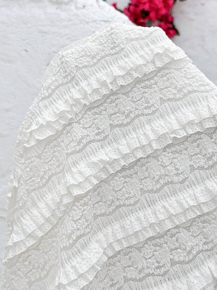 White Textured Jacquard Halter Neck Maternity Dress - Slim Fit Bohemian V-Neck Short Skirt - Sleeveless Ruffle Hem Beach Vacation Outfit