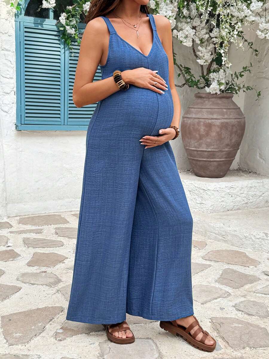Dark Blue Maternity Suspender Jumpsuit – Casual Wide Leg Loose Fit V-Neck Backless Maternity Overalls for Beach, Vacation, and Everyday Wear