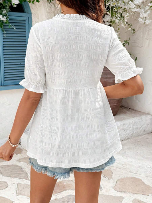 White Woven Crepe Maternity Peplum Top – Elegant V-Neck Flounce Half Sleeve Ruffle Hem Summer Blouse for Pregnant Women – Semi-Sheer Holiday Doll Style Shirt
