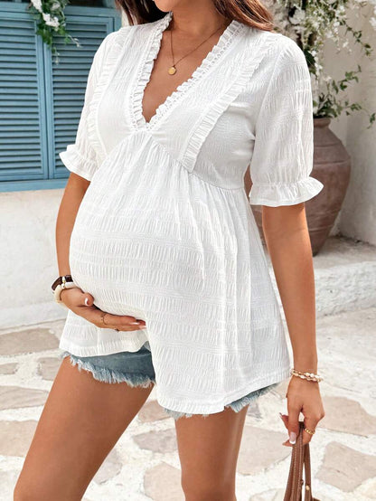 White Woven Crepe Maternity Peplum Top – Elegant V-Neck Flounce Half Sleeve Ruffle Hem Summer Blouse for Pregnant Women – Semi-Sheer Holiday Doll Style Shirt