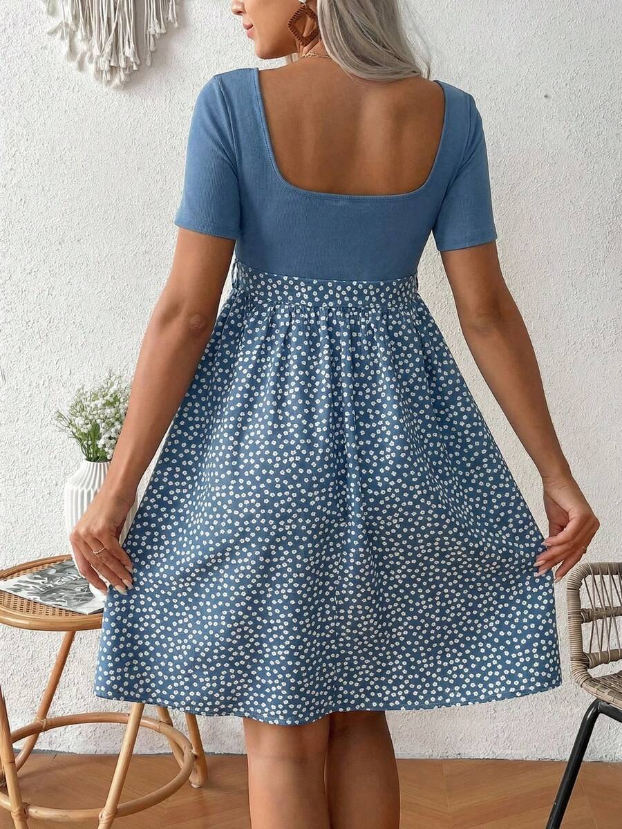 Green Ditsy Floral Maternity Summer Dress - Square Neck Short Sleeve A-Line High Waist Casual Beach Mini Dress