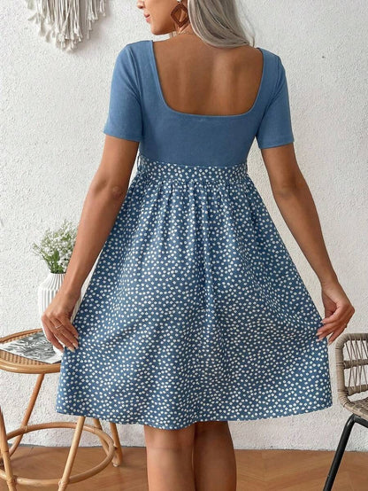 Green Ditsy Floral Maternity Summer Dress - Square Neck Short Sleeve A-Line High Waist Casual Beach Mini Dress