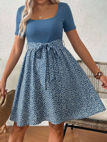 Green Ditsy Floral Maternity Summer Dress - Square Neck Short Sleeve A-Line High Waist Casual Beach Mini Dress