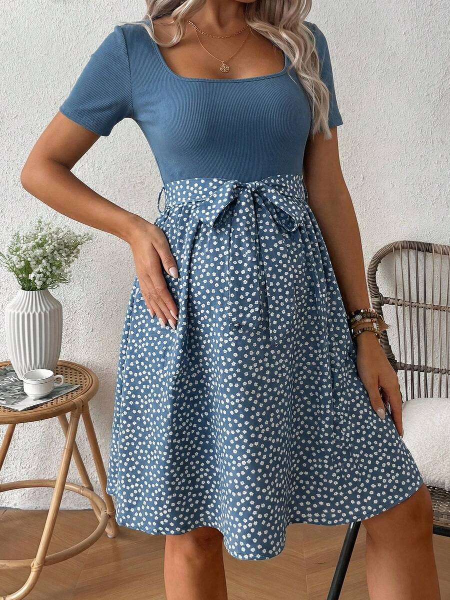 Green Ditsy Floral Maternity Summer Dress - Square Neck Short Sleeve A-Line High Waist Casual Beach Mini Dress