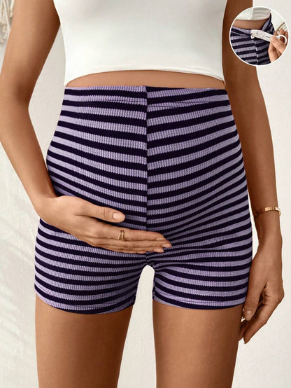 Maternity Striped Biker Shorts - Adjustable Waist Mid-Thigh Summer Casual