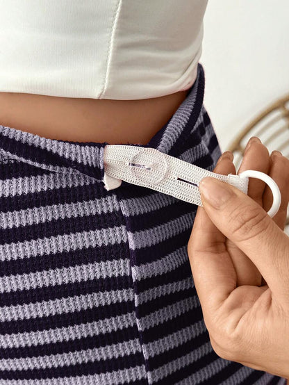 Maternity Striped Biker Shorts - Adjustable Waist Mid-Thigh Summer Casual