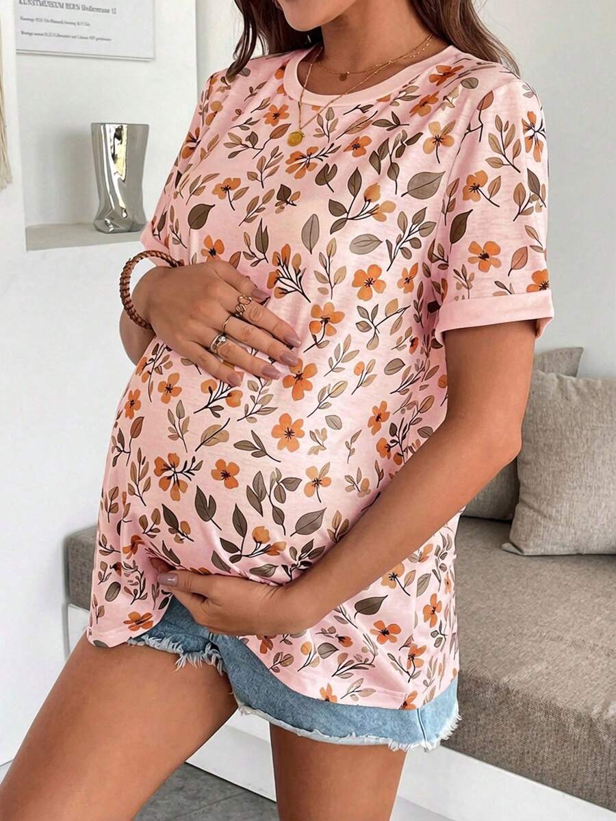 Maternity Floral Print Round Neck Casual Short Sleeve T-Shirt