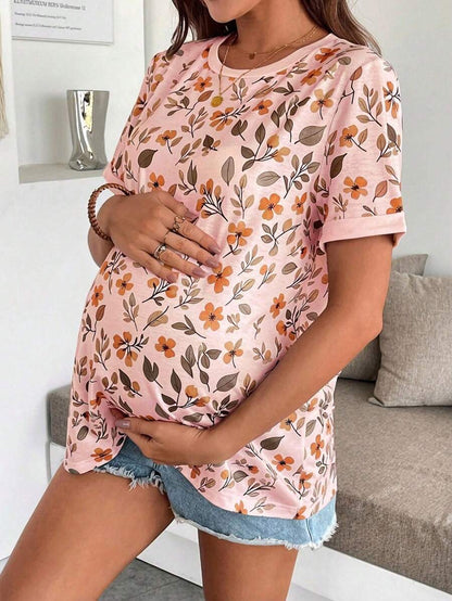 Maternity Floral Print Round Neck Casual Short Sleeve T-Shirt