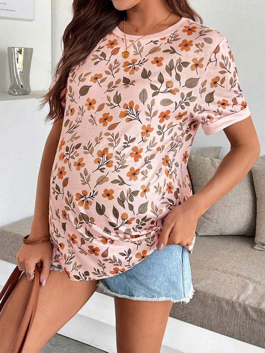 Maternity Floral Print Round Neck Casual Short Sleeve T-Shirt