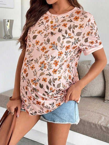 Maternity Floral Print Round Neck Casual Short Sleeve T-Shirt