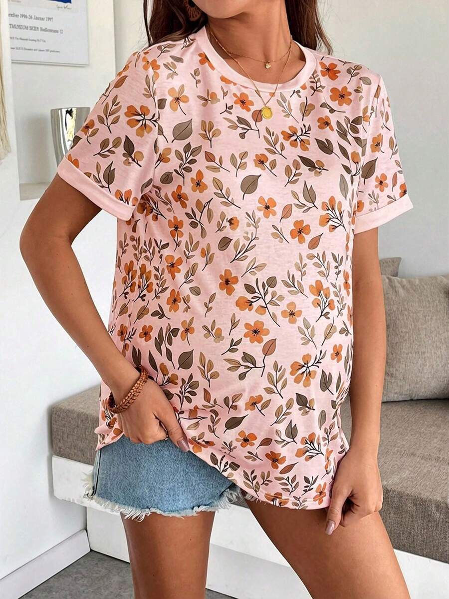 Maternity Floral Print Round Neck Casual Short Sleeve T-Shirt