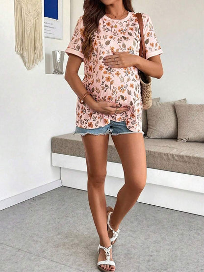 Maternity Floral Print Round Neck Casual Short Sleeve T-Shirt