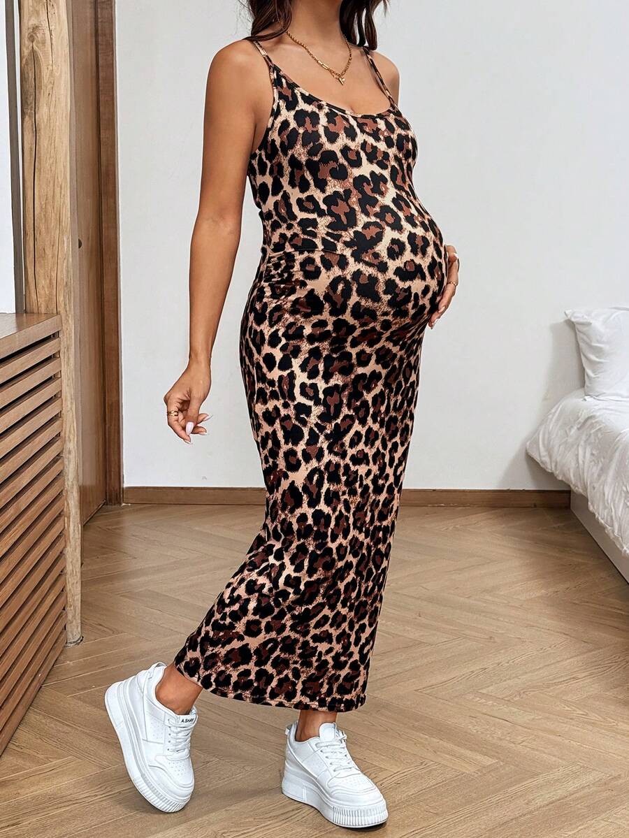 Maternity Leopard Print Sleeveless Backless Midi Cami Dress - Slim Fit Khaki Knitted Summer Pencil Dress with Medium Stretch