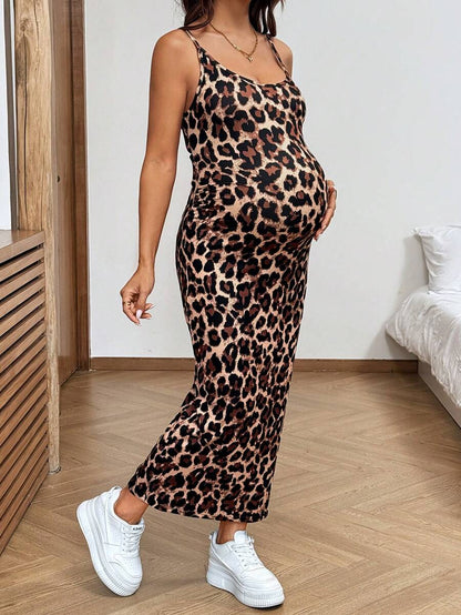 Maternity Leopard Print Sleeveless Backless Midi Cami Dress - Slim Fit Khaki Knitted Summer Pencil Dress with Medium Stretch