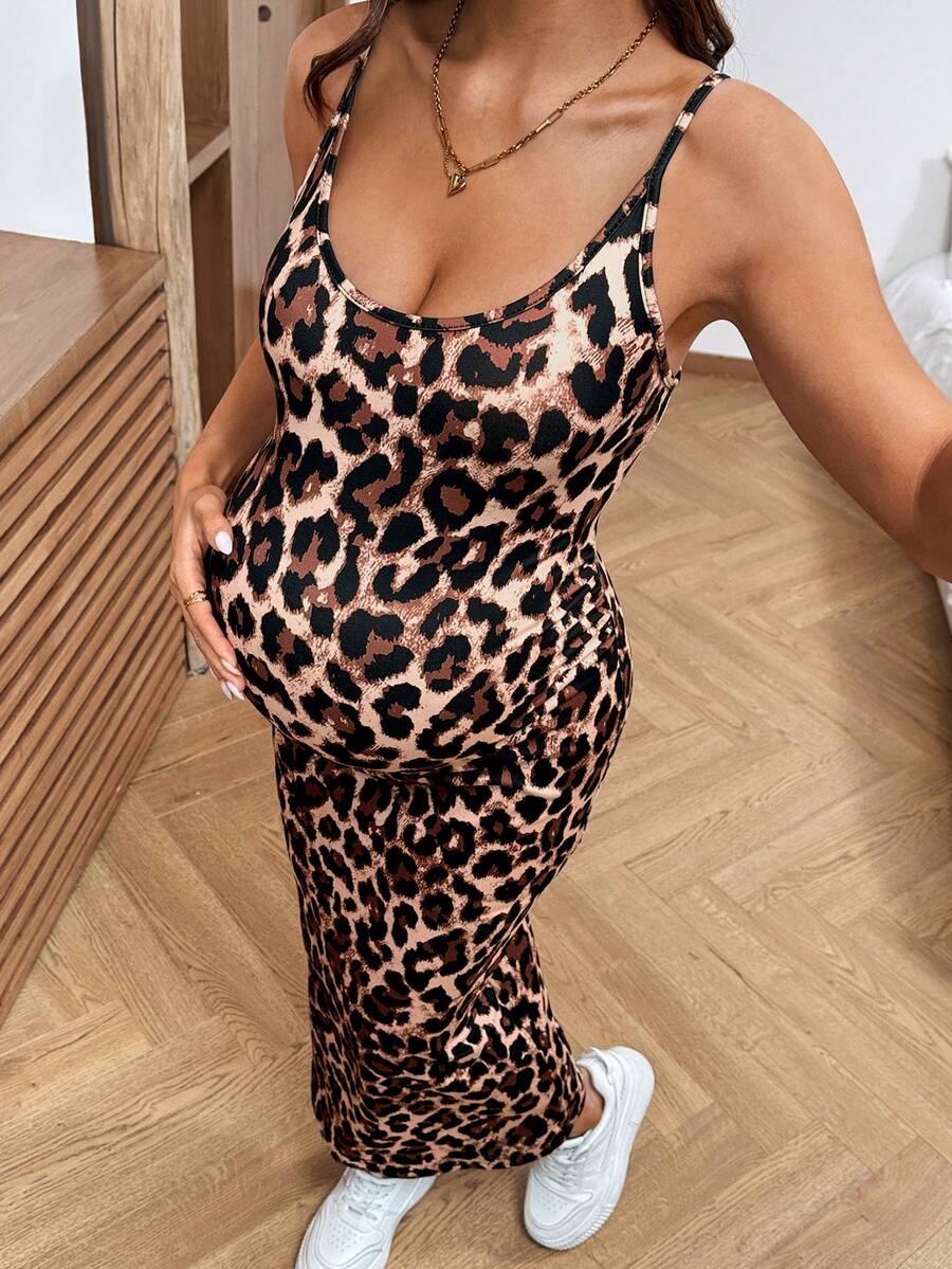 Maternity Leopard Print Sleeveless Backless Midi Cami Dress - Slim Fit Khaki Knitted Summer Pencil Dress with Medium Stretch