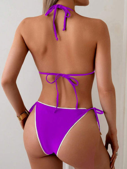 Women's 2-Piece Halter Bikini Set - Wave Ruffle, Metal Pendant, Tie Back, Black