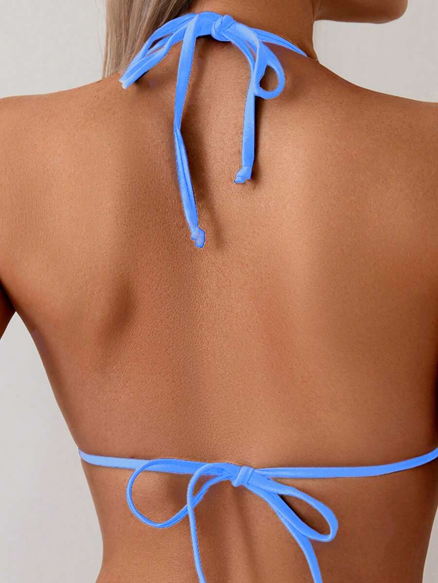 Women's 2-Piece Halter Bikini Set - Wave Ruffle, Metal Pendant, Tie Back, Black