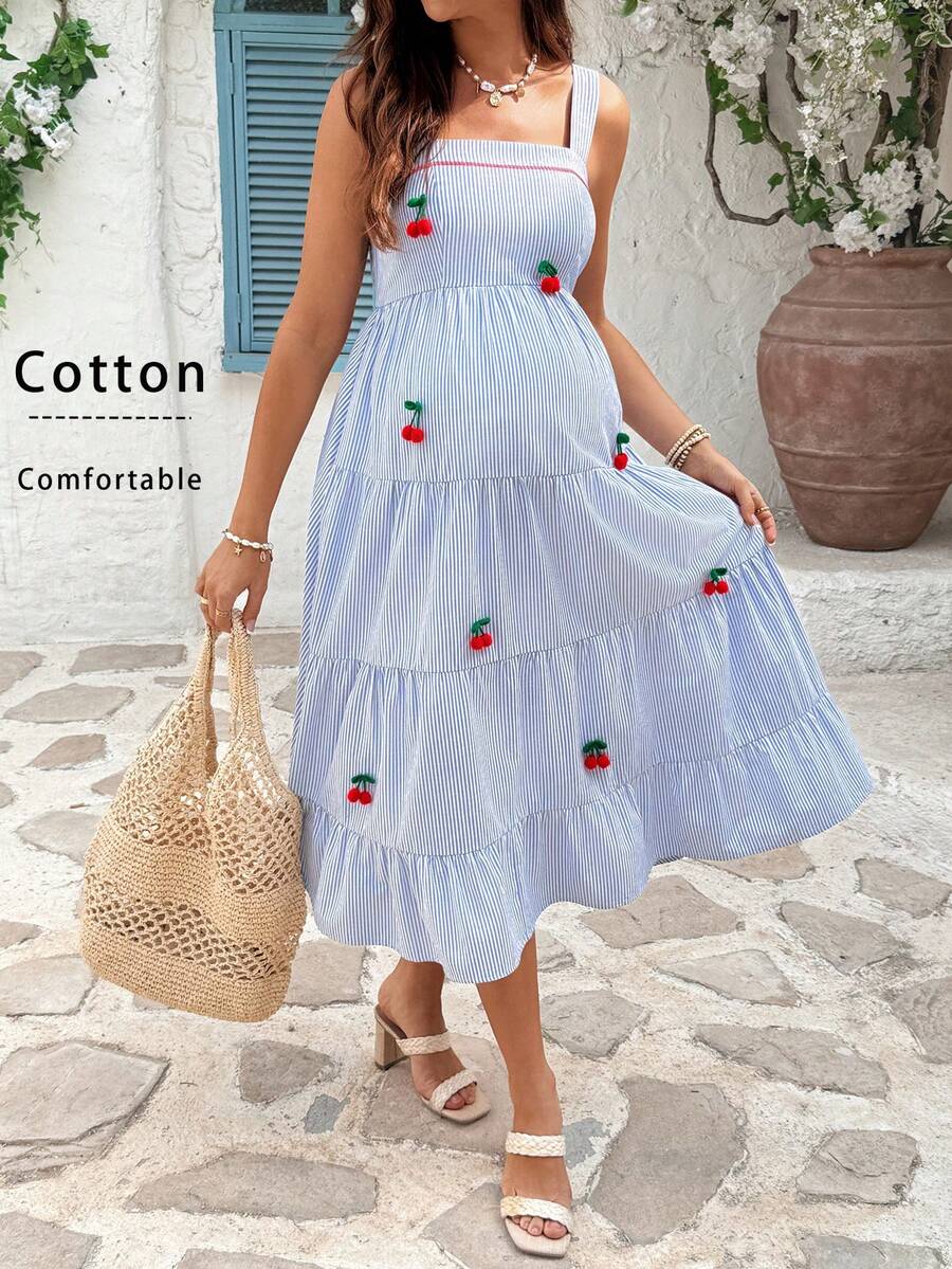 Maternity Cherry Decor Plaid Ruffle Hem Camisole Dress Picnic Dress For Woman Summer Maternity Dress Cherry Dress Women Midi Summer Dress Casual Sundress