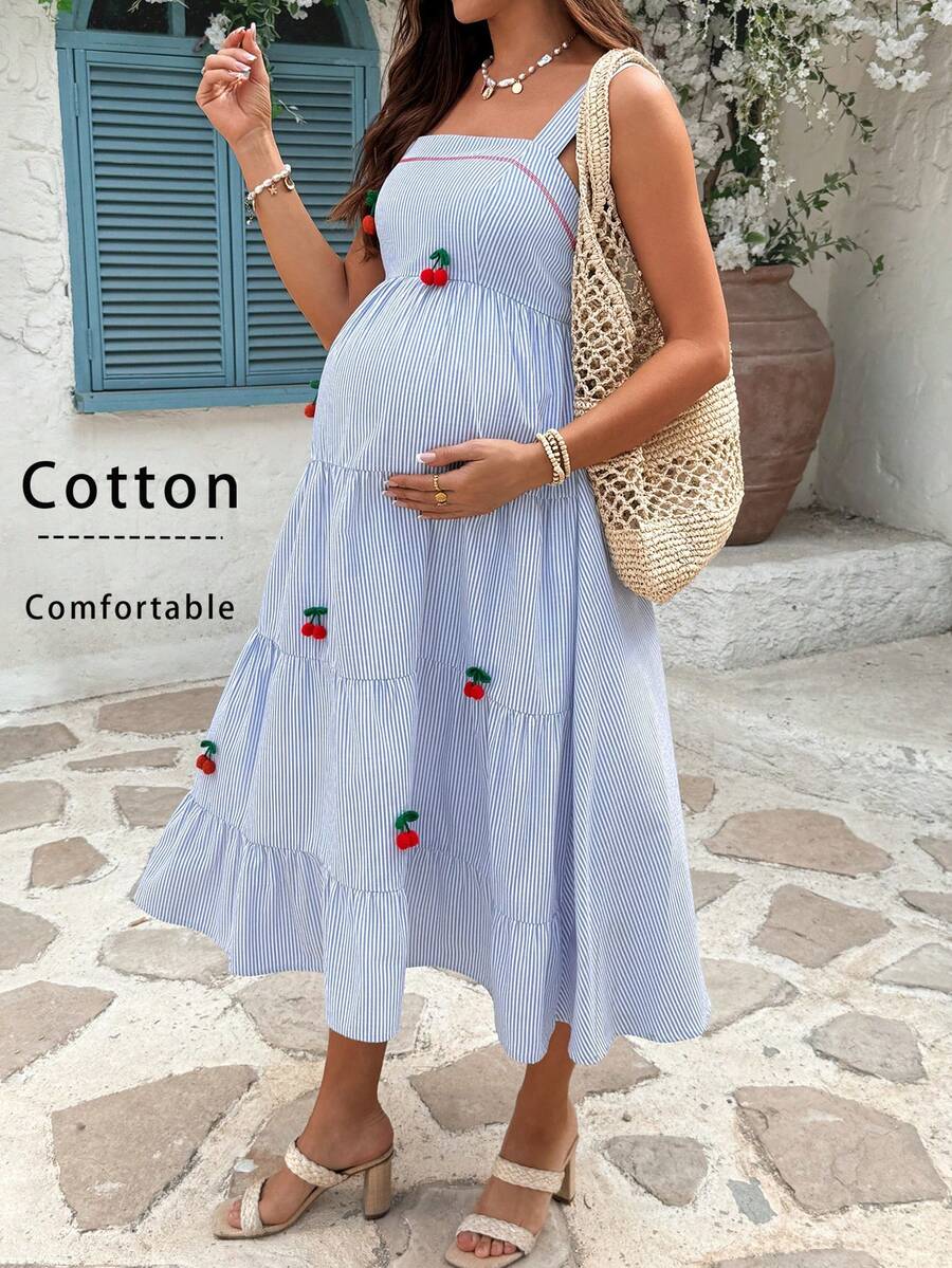 Maternity Cherry Decor Plaid Ruffle Hem Camisole Dress Picnic Dress For Woman Summer Maternity Dress Cherry Dress Women Midi Summer Dress Casual Sundress