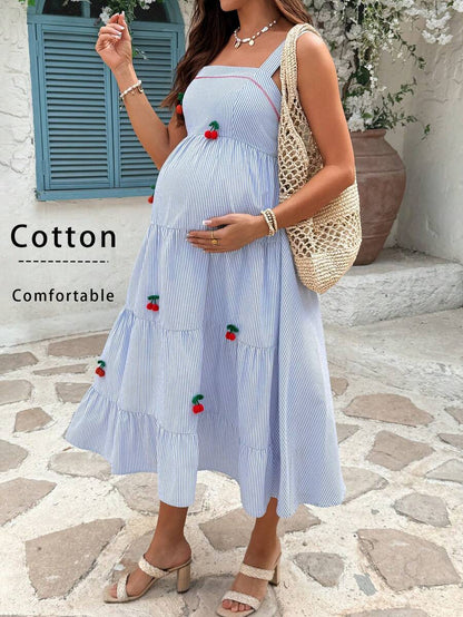 Maternity Cherry Decor Plaid Ruffle Hem Camisole Dress Picnic Dress For Woman Summer Maternity Dress Cherry Dress Women Midi Summer Dress Casual Sundress