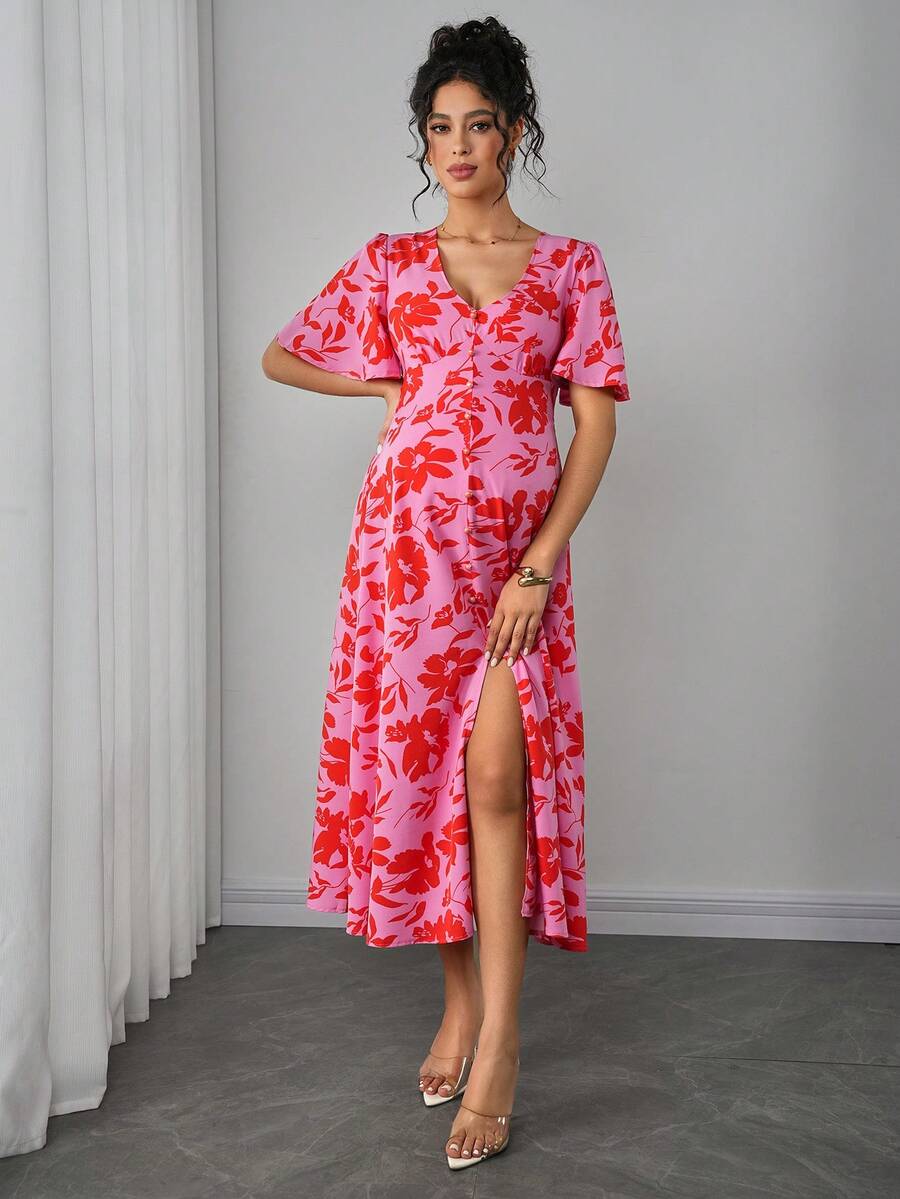 Maternity Floral A-Line Long Dress - Deep V Neck, Puff Half Sleeve, Slit Hem, Loose Fit, Hot Pink