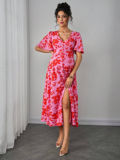 Maternity Floral A-Line Long Dress - Deep V Neck, Puff Half Sleeve, Slit Hem, Loose Fit, Hot Pink