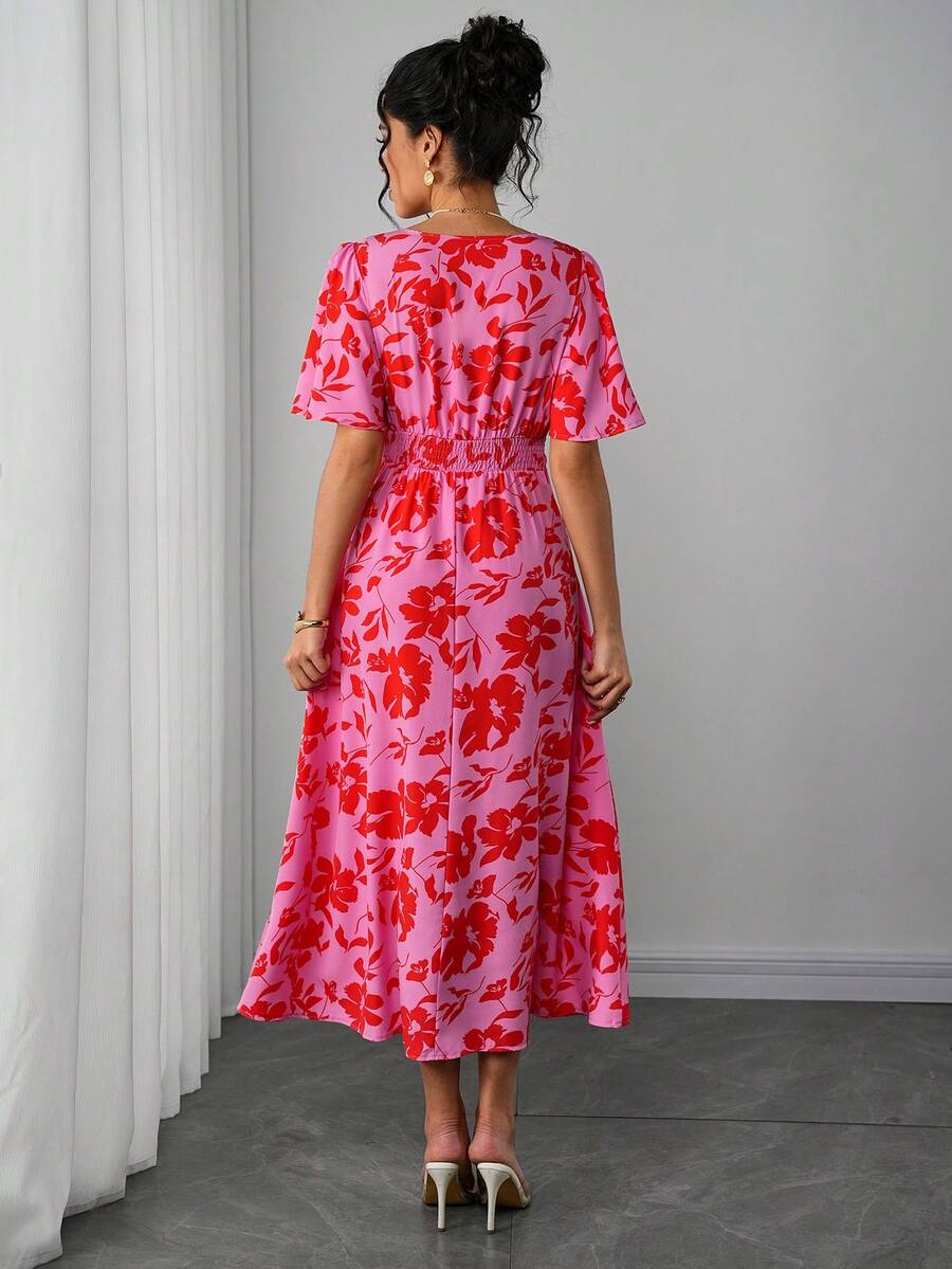 Maternity Floral A-Line Long Dress - Deep V Neck, Puff Half Sleeve, Slit Hem, Loose Fit, Hot Pink