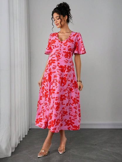 Maternity Floral A-Line Long Dress - Deep V Neck, Puff Half Sleeve, Slit Hem, Loose Fit, Hot Pink
