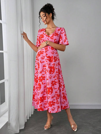 Maternity Floral A-Line Long Dress - Deep V Neck, Puff Half Sleeve, Slit Hem, Loose Fit, Hot Pink