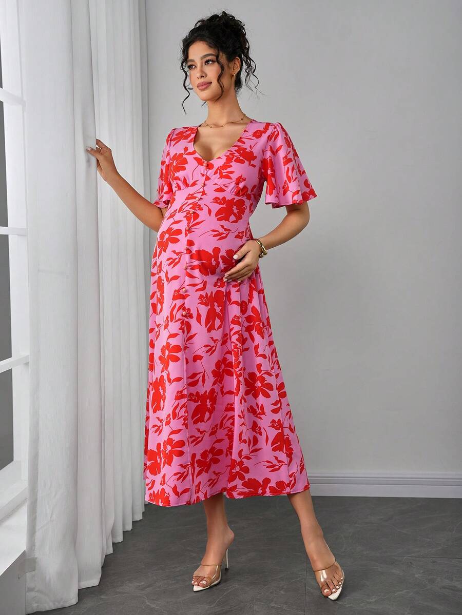 Maternity Floral A-Line Long Dress - Deep V Neck, Puff Half Sleeve, Slit Hem, Loose Fit, Hot Pink