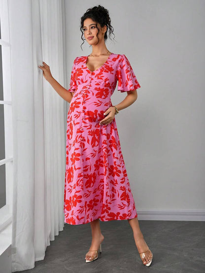 Maternity Floral A-Line Long Dress - Deep V Neck, Puff Half Sleeve, Slit Hem, Loose Fit, Hot Pink