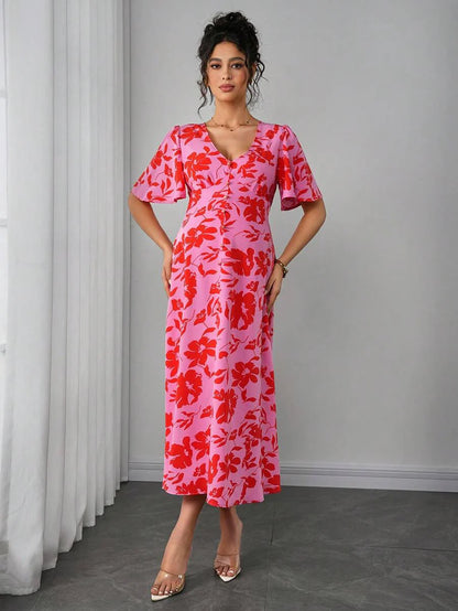 Maternity Floral A-Line Long Dress - Deep V Neck, Puff Half Sleeve, Slit Hem, Loose Fit, Hot Pink